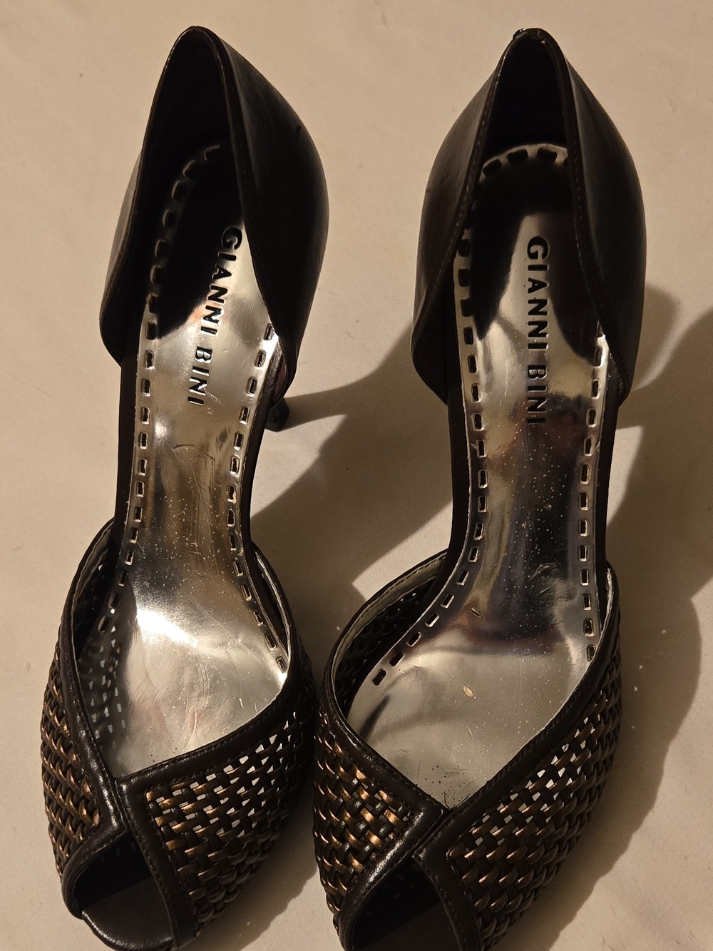 Gianni Bini Black & Gold Woven Peep-Toe Heels